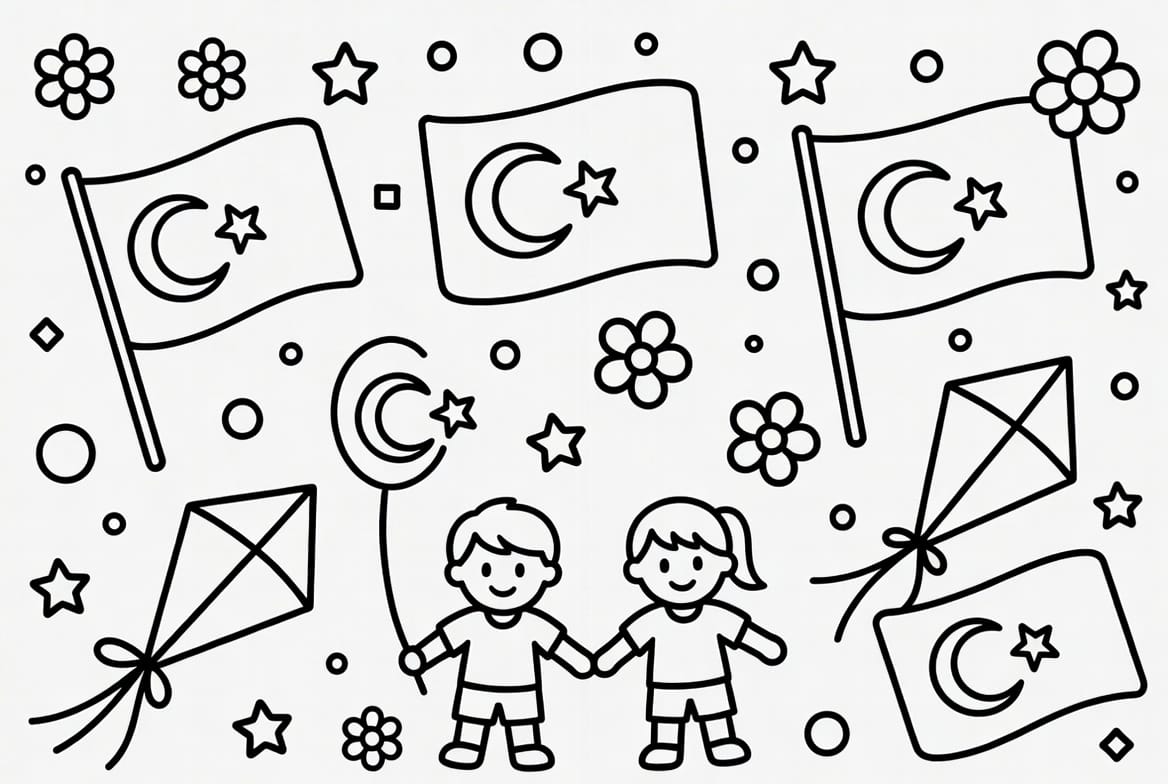 Türk Bayraklı Çocuklar Boyama