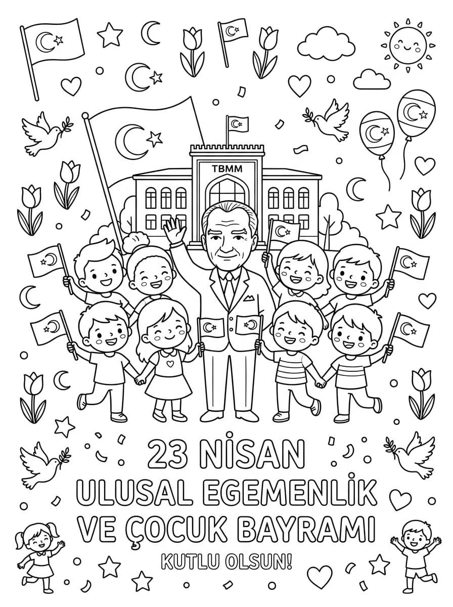 Sevimli 23 Nisan Çizimi Boyama