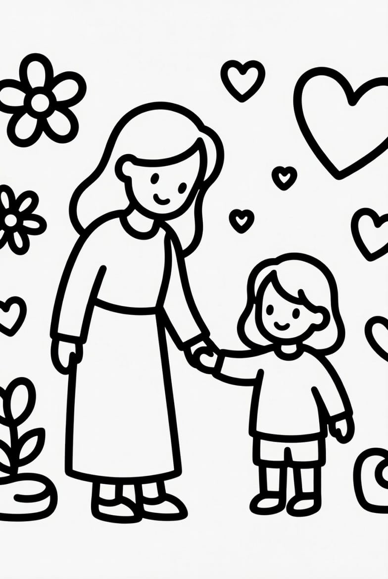Anne ve Bebek Boyama Sayfasını Ücretsiz İndir, Yazdır ve Boya