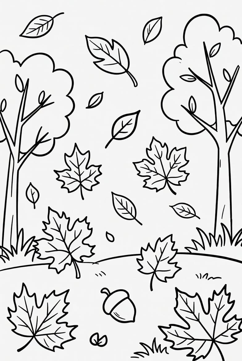 Sonbaharda Yapraklar Boyama Sayfasını Ücretsiz İndir, Yazdır ve Boya