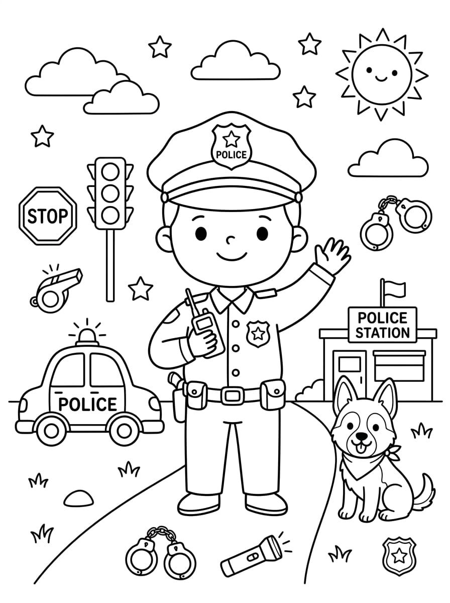 Sevimli Polis Boyama Sayfasını Ücretsiz İndir, Yazdır ve Boya