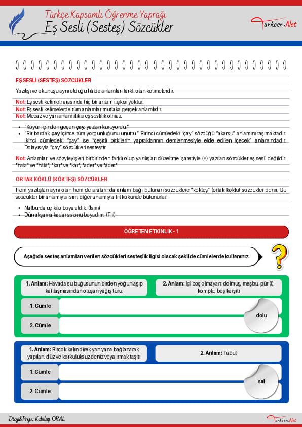 Türkçe Kapsamlı Öğrenme Yaprağı - Eş Sesli (Sesteş) Sözcükler_1 Türkçe Kapsamlı Öğrenme Yaprağı - Eş Sesli (Sesteş) Sözcükler_1
