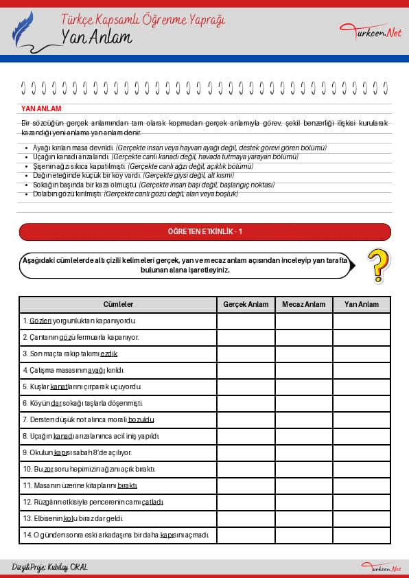 Türkçe Kapsamlı Öğrenme Yaprağı - Yan Anlam_1 Türkçe Kapsamlı Öğrenme Yaprağı - Yan Anlam_1