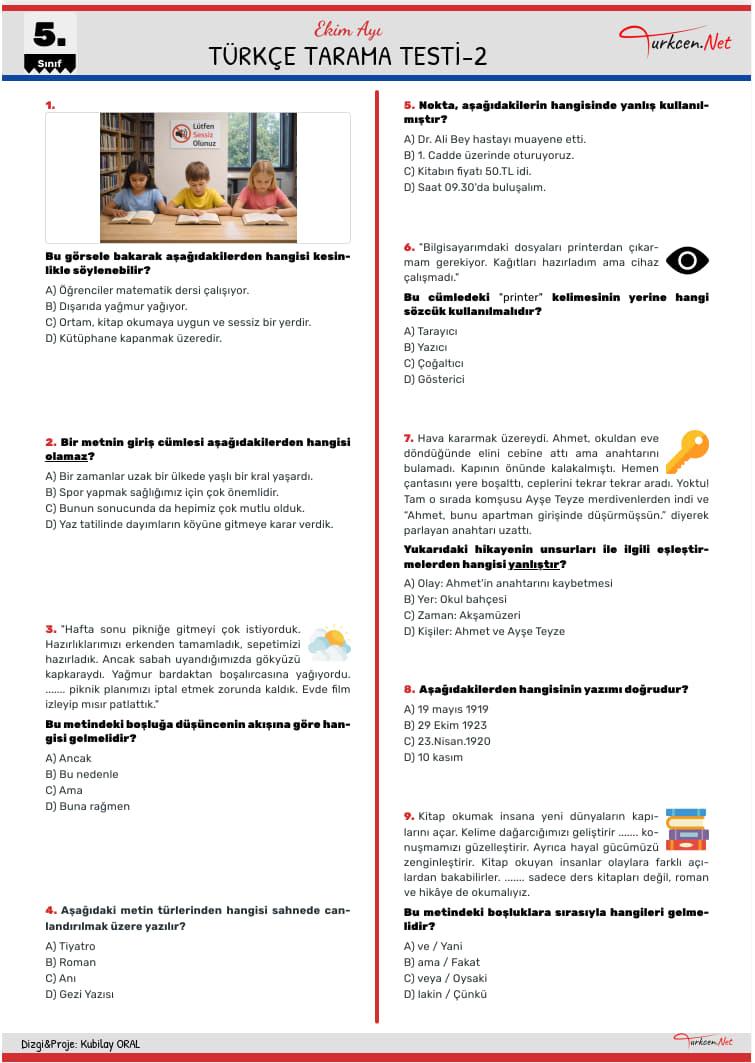 5. Sınıf Türkçe Tarama Testi 2 - Ekim Ayı_1 5. Sınıf Türkçe Tarama Testi 2 - Ekim Ayı_1