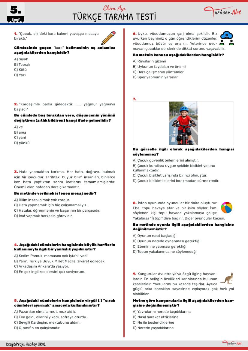 5. Sınıf Türkçe Tarama Testi - Ekim Ayı_1 5. Sınıf Türkçe Tarama Testi - Ekim Ayı_1