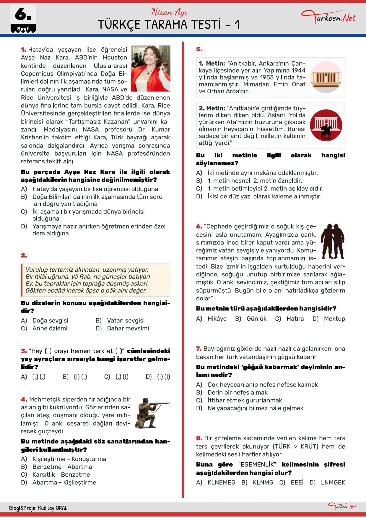 6. Sınıf Nisan Tarama Testi-1_1 6. Sınıf Nisan Tarama Testi-1_1