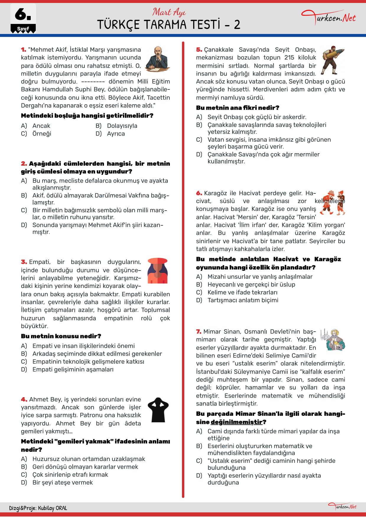 6. Sınıf Türkçe Tarama Testi-2 - Mart_1 6. Sınıf Türkçe Tarama Testi-2 - Mart_1