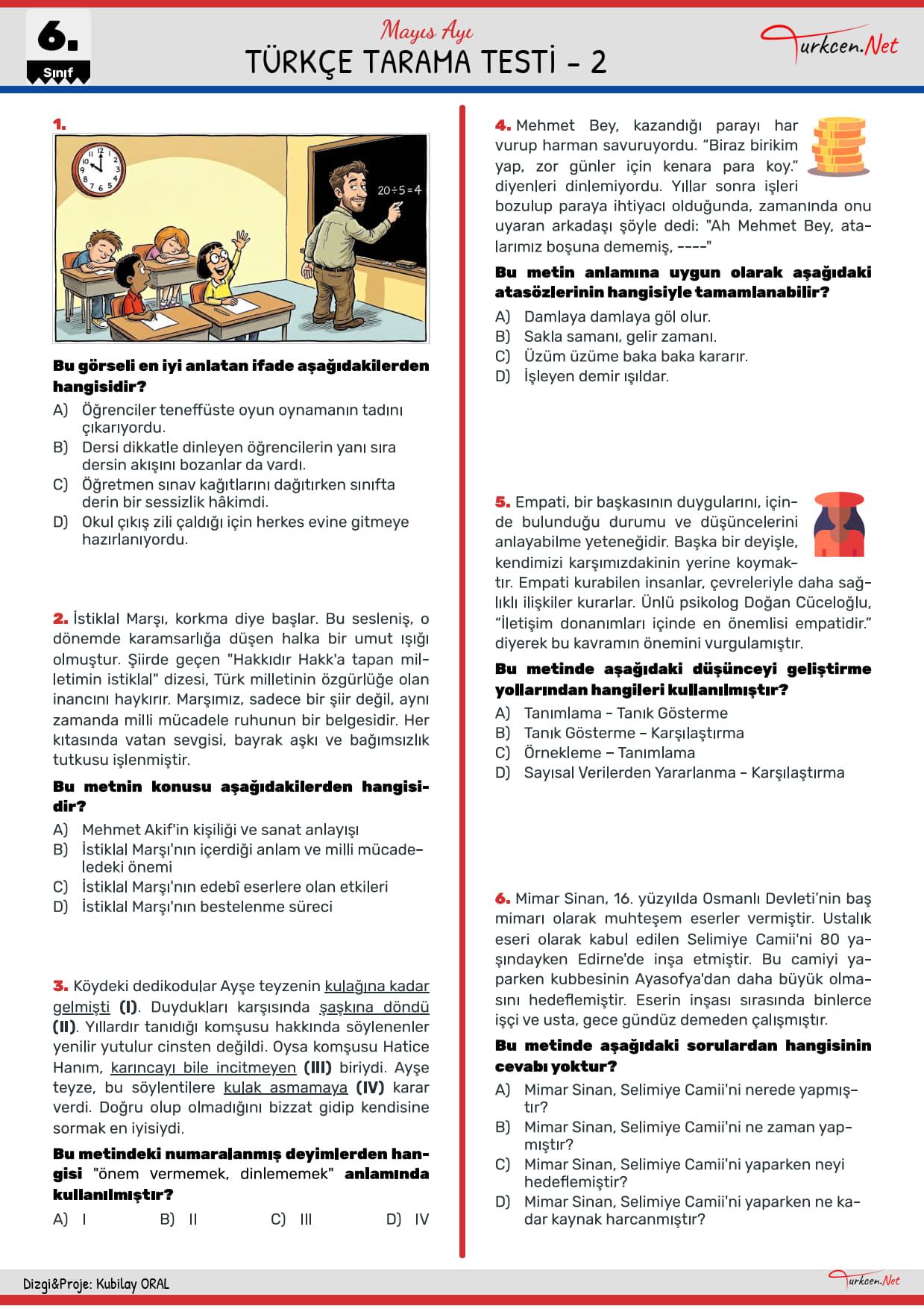 6. Sınıf Türkçe Tarama Testi-2 - Mayıs_1 6. Sınıf Türkçe Tarama Testi-2 - Mayıs_1