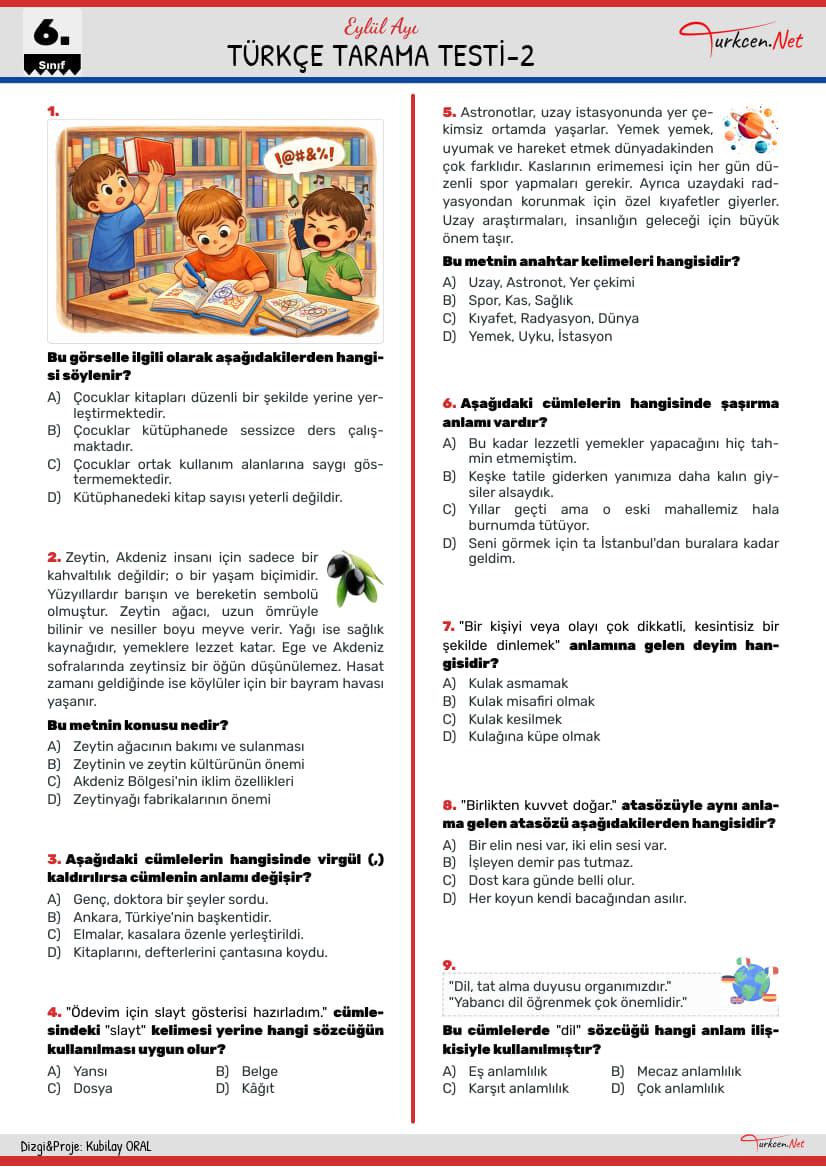 6. Sınıf Türkçe Tarama Testi-2_1 6. Sınıf Türkçe Tarama Testi-2_1