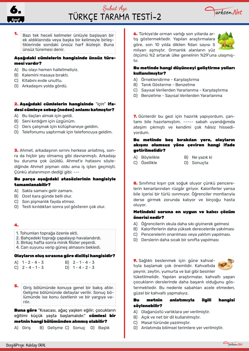Türkçe Tarama Testi-2 - 6. Sınıf Şubat 2. Test_1 Türkçe Tarama Testi-2 - 6. Sınıf Şubat 2. Test_1