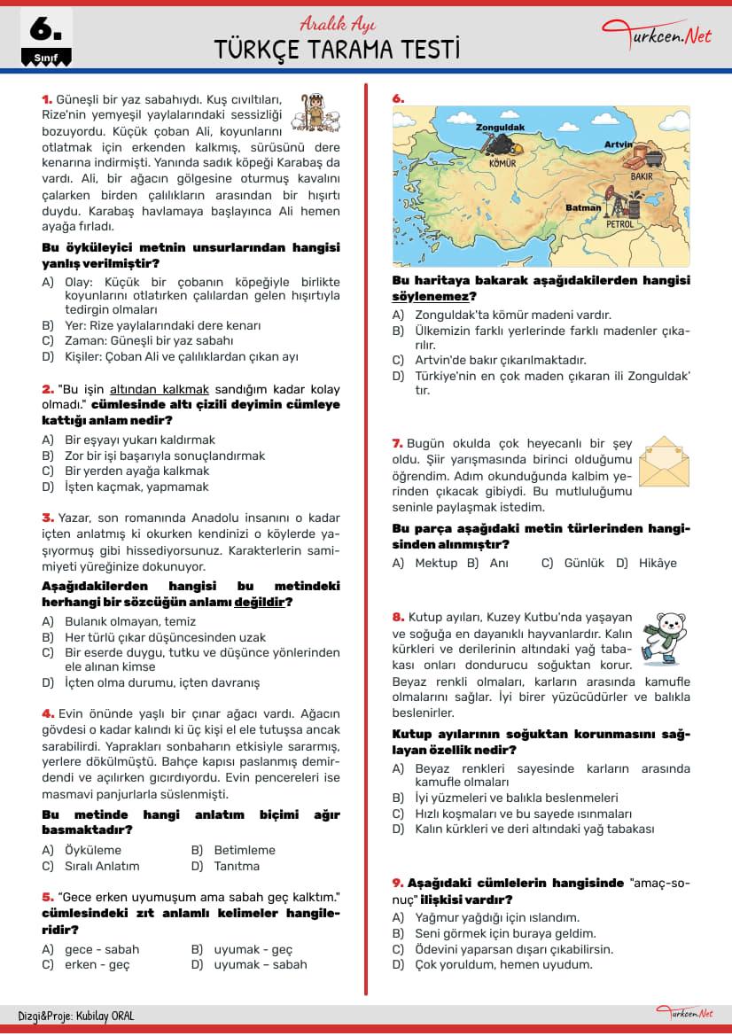 Türkçe Tarama Testi-2 - Aralık 6. Sınıf_1 Türkçe Tarama Testi-2 - Aralık 6. Sınıf_1
