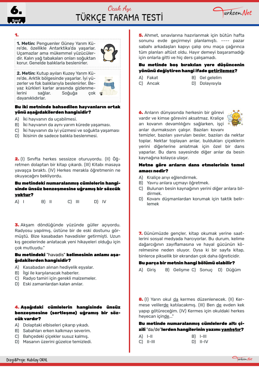 Türkçe Tarama Testi-2 - Ocak 6. Sınıf_1 Türkçe Tarama Testi-2 - Ocak 6. Sınıf_1