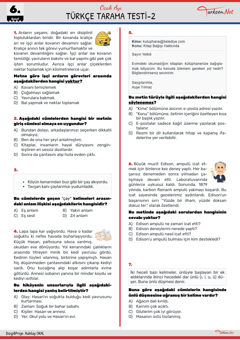 Türkçe Tarama Testi-2 - Ocak 6. Sınıf_3 Türkçe Tarama Testi-2 - Ocak 6. Sınıf_3