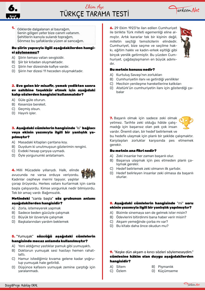 Türkçe Tarama Testi - 6. Sınıf Ekim_1 Türkçe Tarama Testi - 6. Sınıf Ekim_1