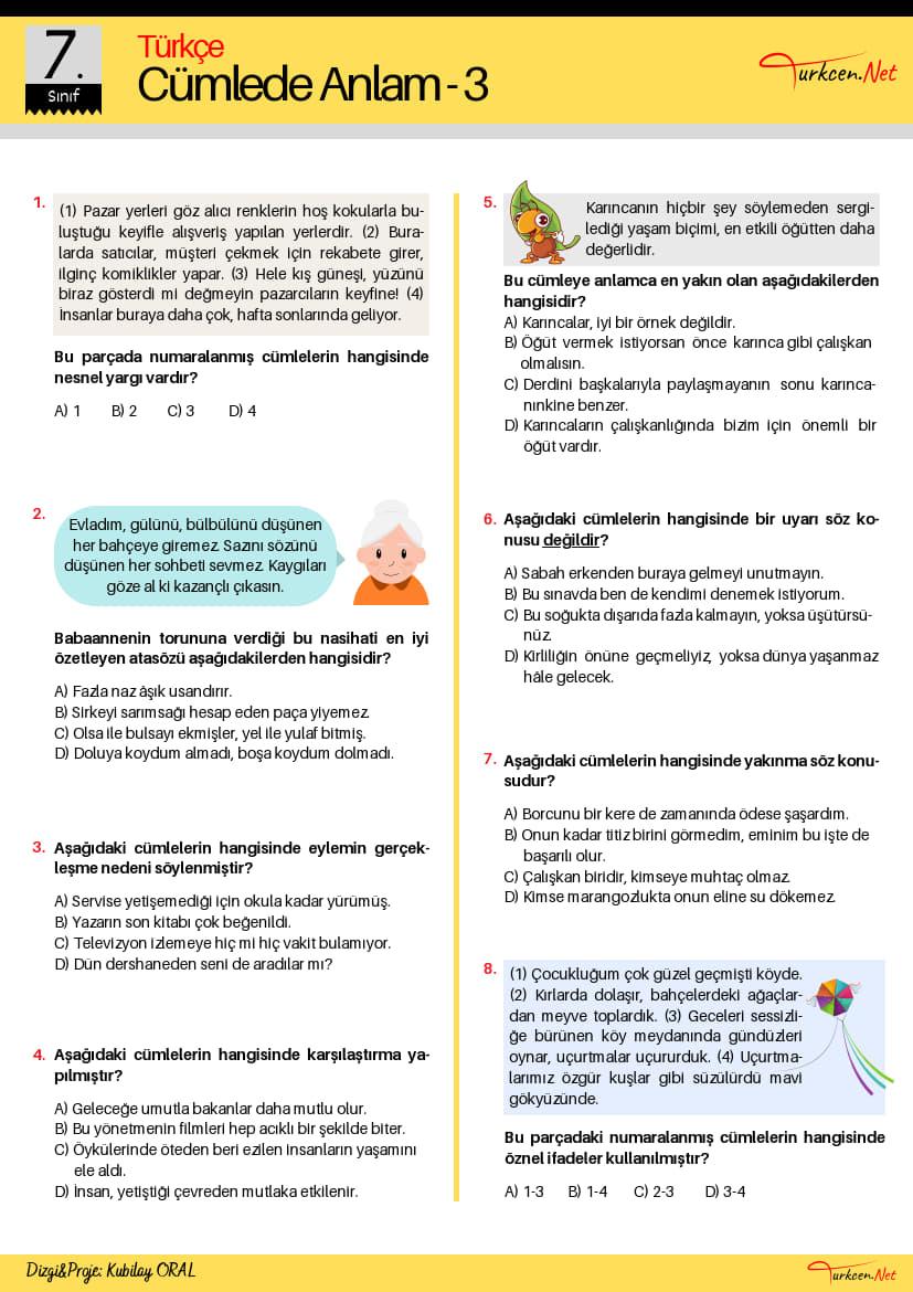 7. Sinif Cumlede Anlam Testi 3 Turkcen Serisi 1