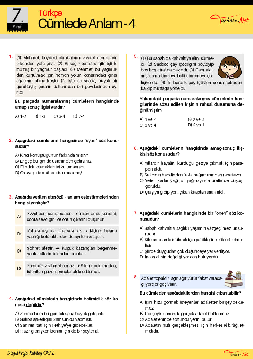 7. Sinif Cumlede Anlam Testi 4 Turkcen Serisi 1