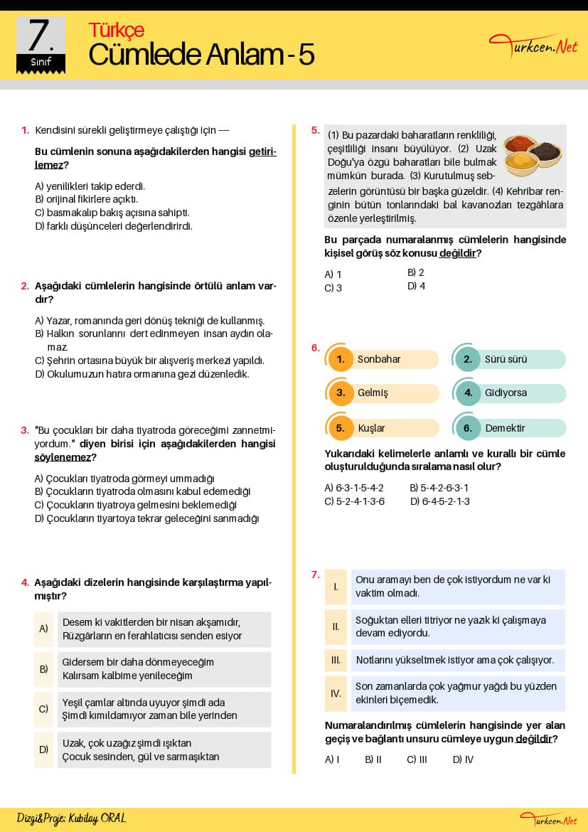 7. Sinif Cumlede Anlam Testi 5 Turkcen Serisi 1