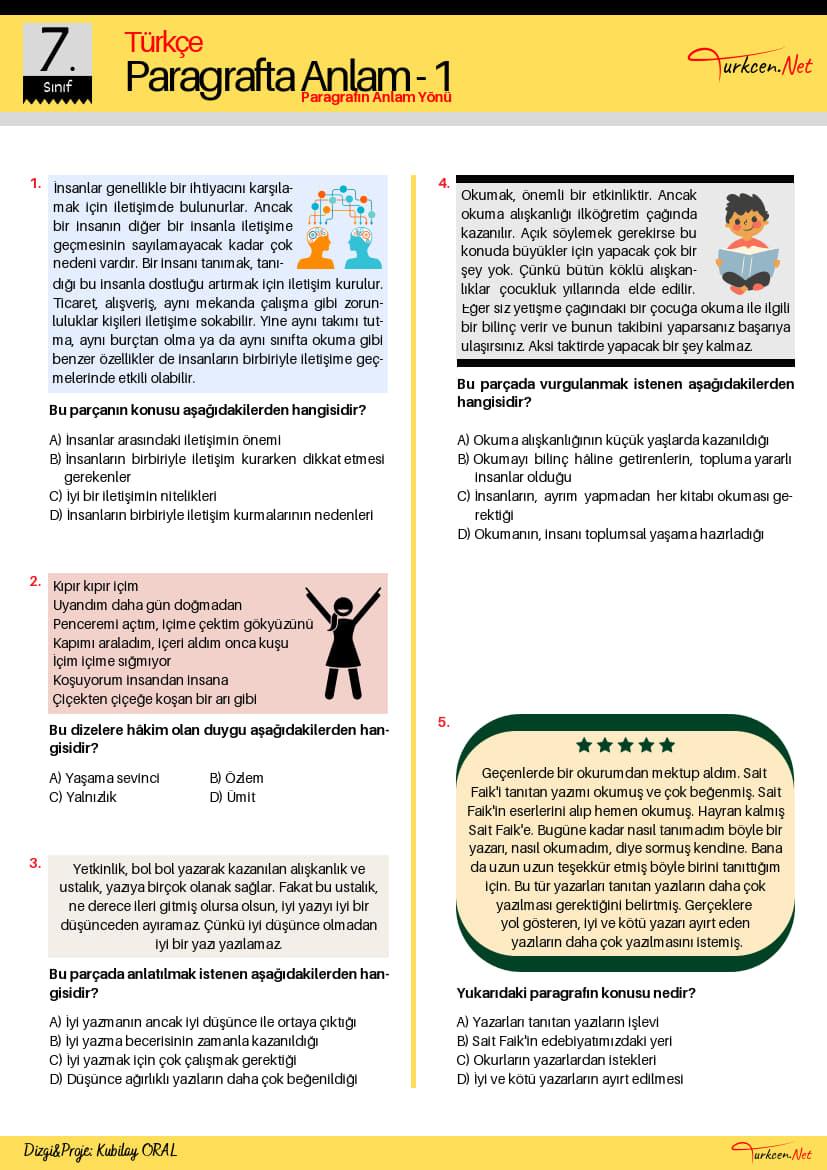 7. Sinif Paragrafta Anlam Testi 1 Turkcen Serisi 1