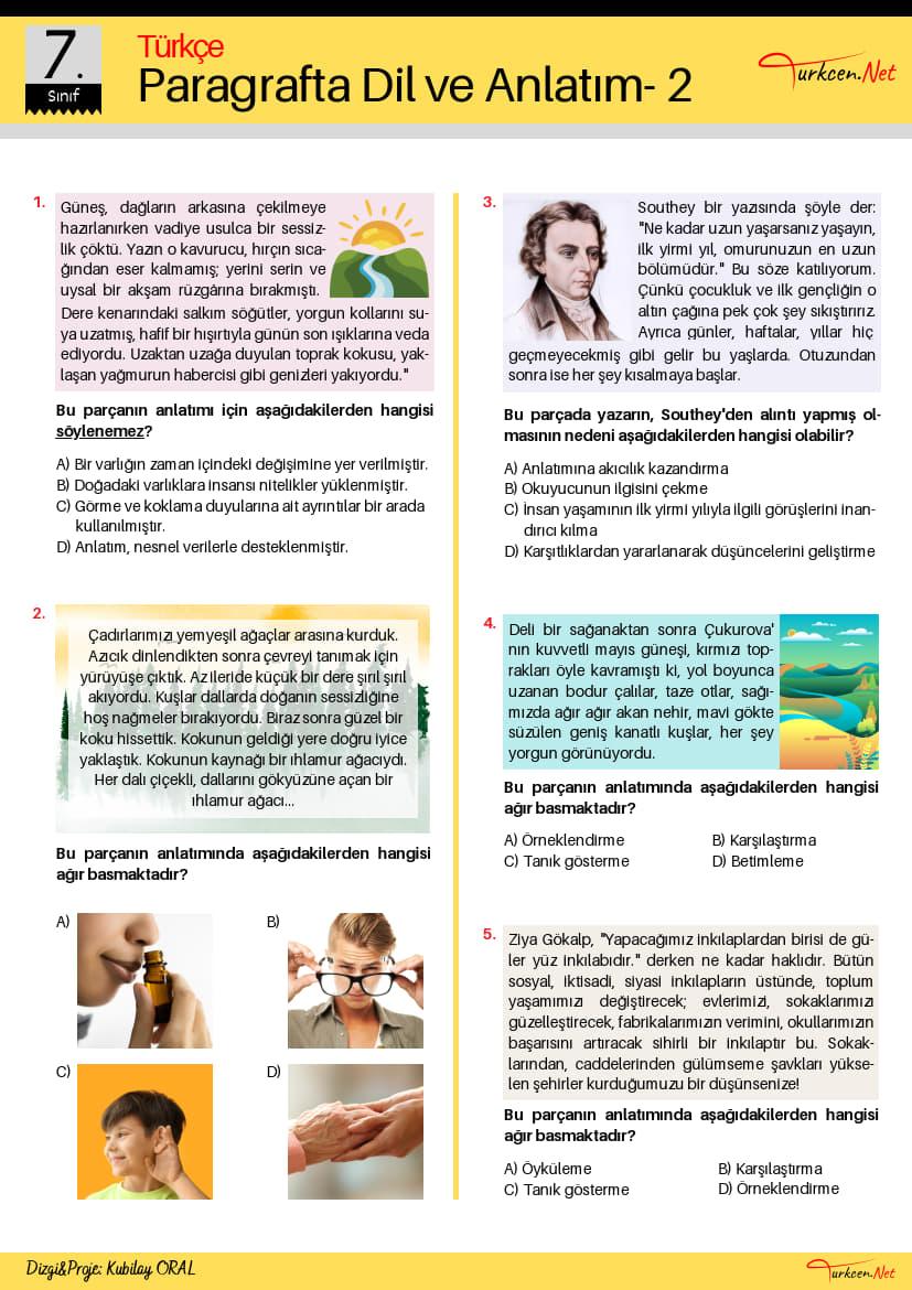 7. Sinif Paragrafta Dil Ve Anlatim Testi 2 Turkcen Serisi 1