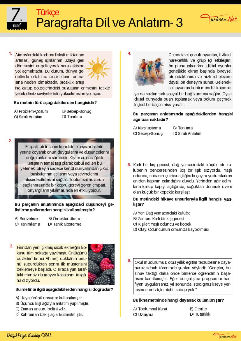 7. Sinif Paragrafta Dil Ve Anlatim Testi 3 Turkcen Serisi 1