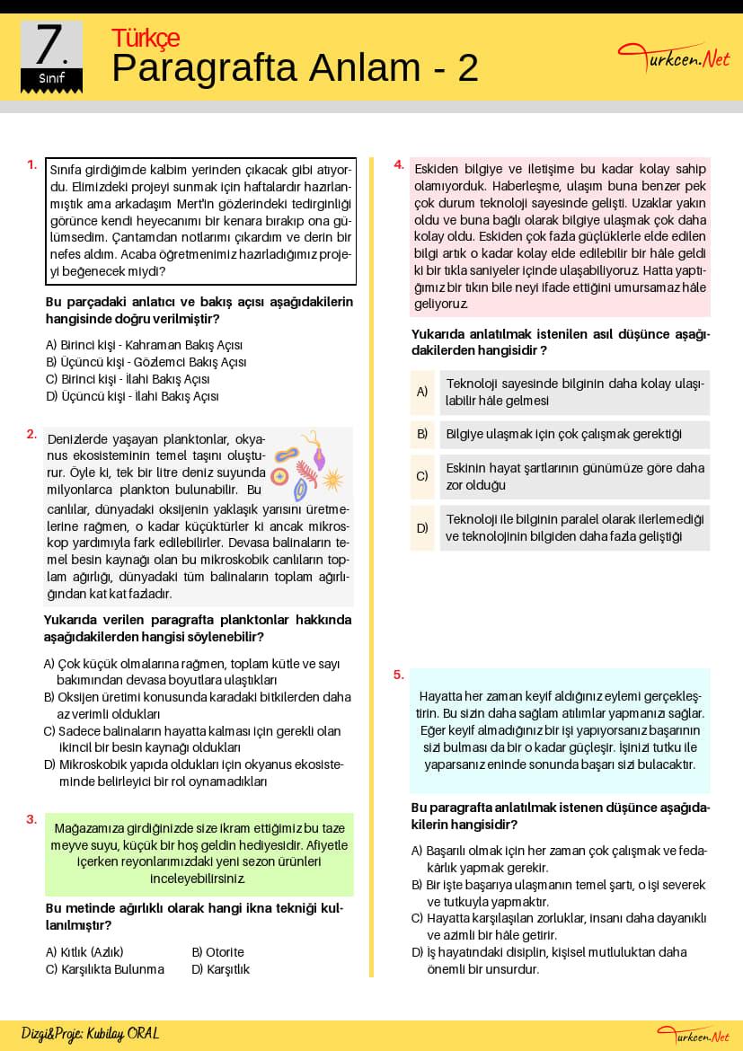 7. Sinif Parcada Anlam Testi 2 Turkcen Serisi 1