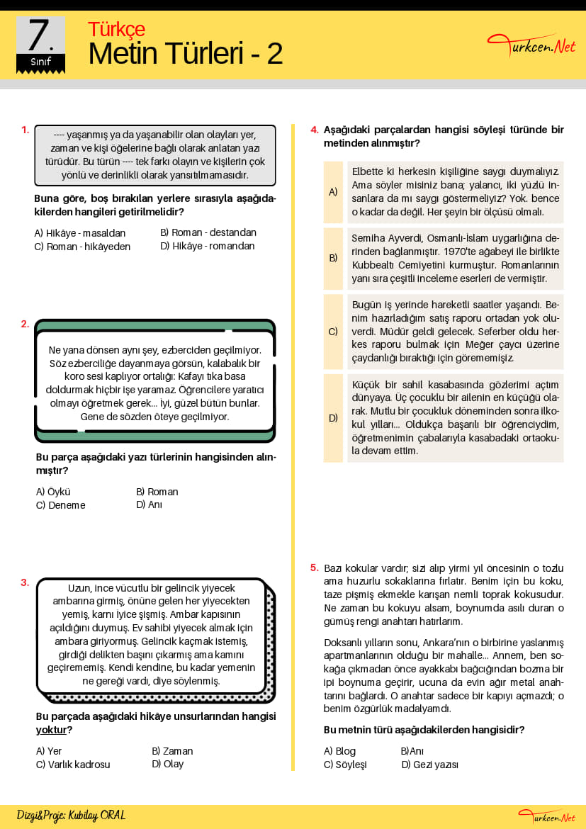 7. Sinif Metin Turleri Testi 2 Turkcen Serisi 1 7. Sinif Metin Turleri Testi 2 Turkcen Serisi 1