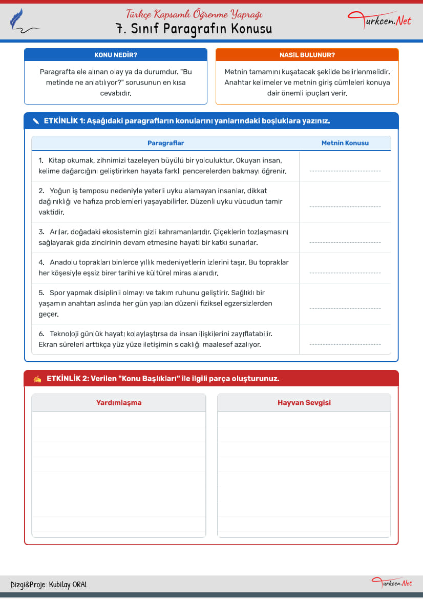 7. Sinif Paragrafin Konusu Calisma Kagidi 3