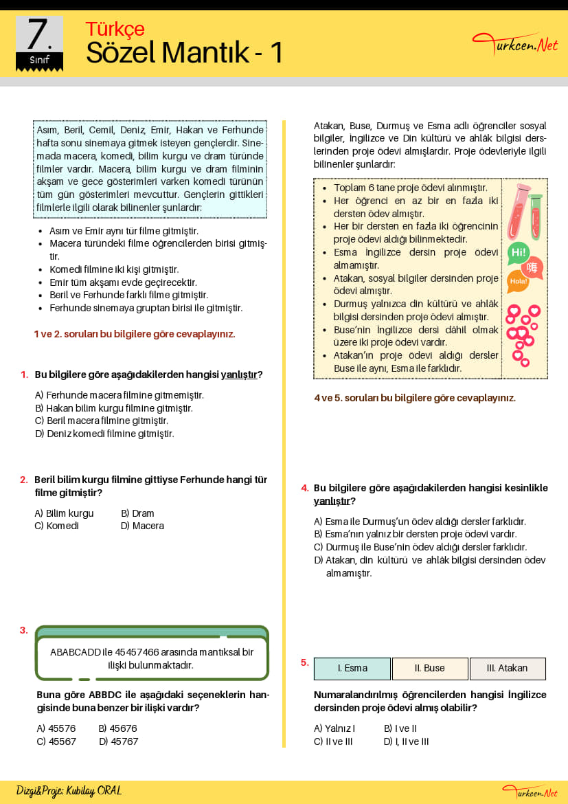 7. Sinif Sozel Mantik Testi Turkcen Serisi 1 7. Sinif Sozel Mantik Testi Turkcen Serisi 1