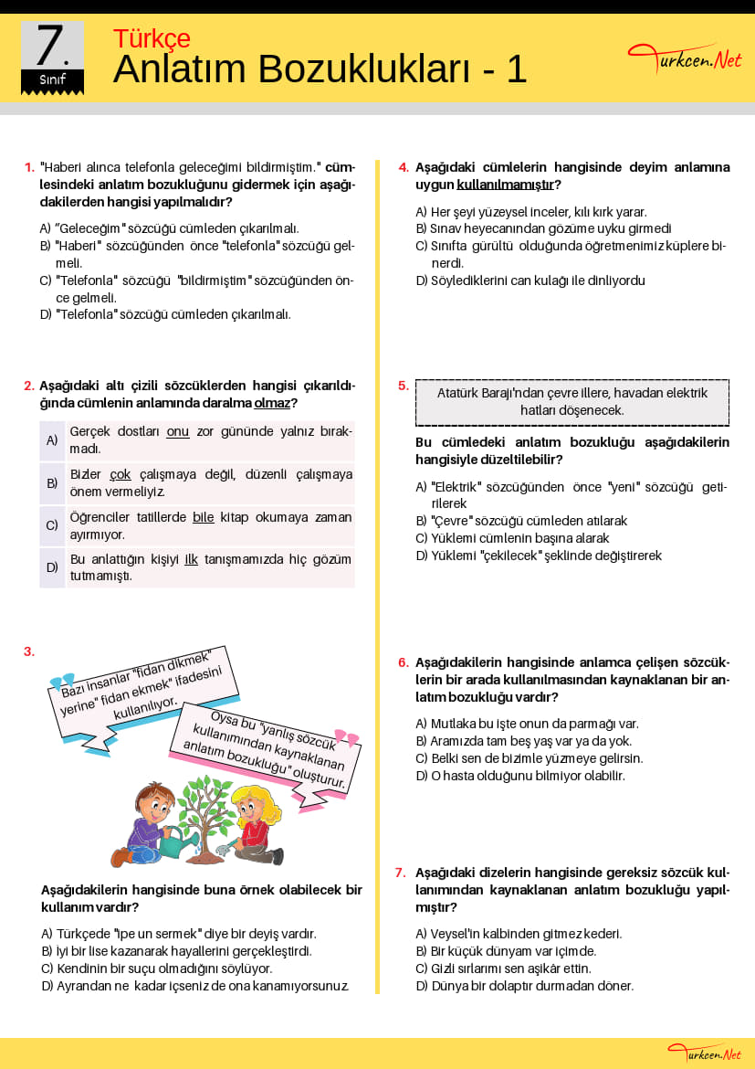 -7. Sinif Anlatim Bozukluklari Testi 1 Turkcen Serisi 1