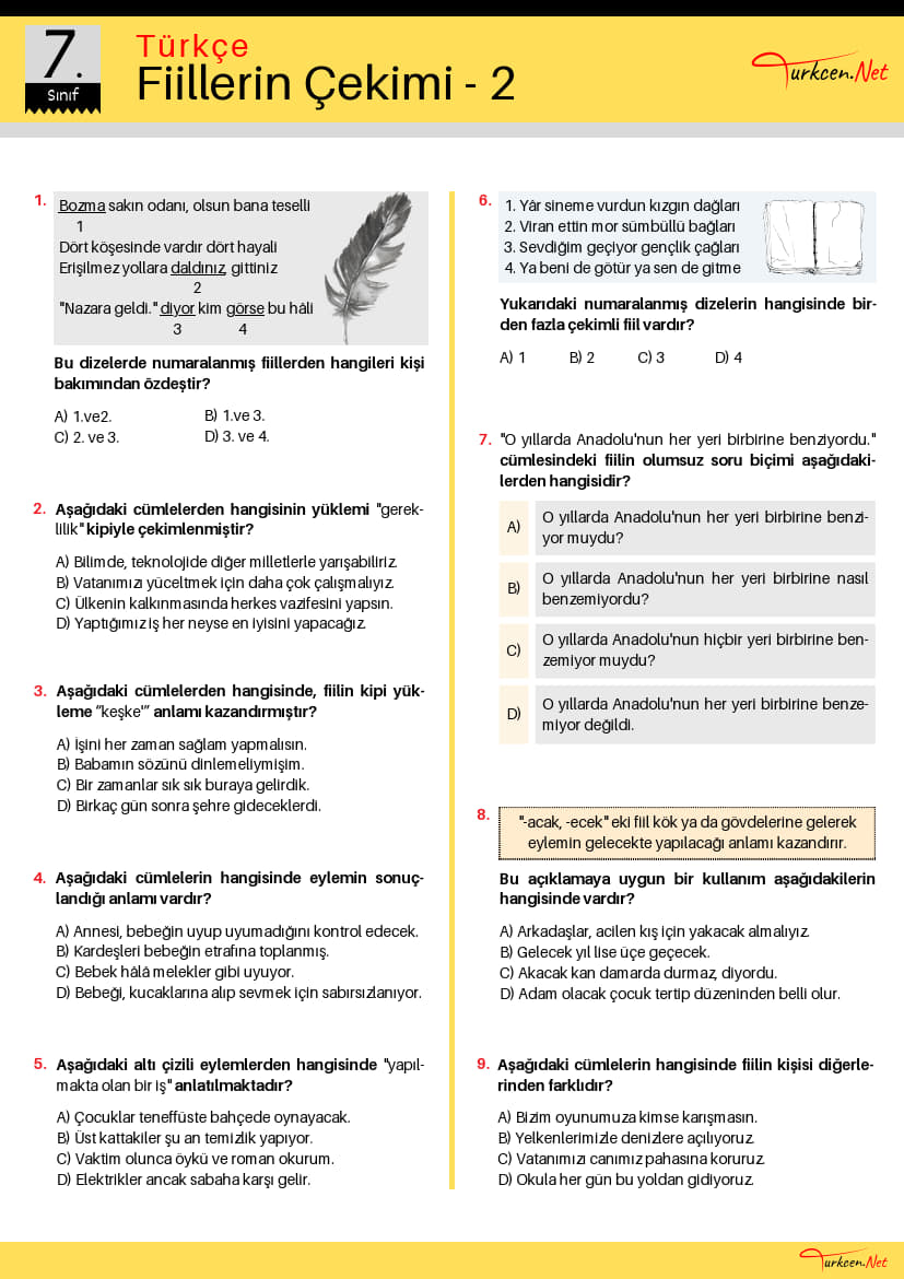 7. Sınıf Fiil Çekim Ekleri Testi-2 (Turkcen Serisi) -7. Sinif Fiil Cekim Ekleri Testi 2 Turkcen Serisi 1