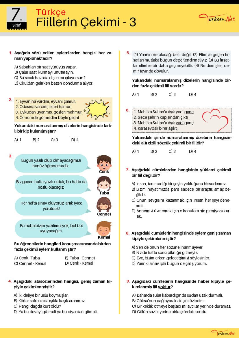7. Sınıf Fiil Çekim Ekleri Testi-3 (Turkcen Serisi) -7. Sinif Fiil Cekim Ekleri Testi 3 Turkcen Serisi 1
