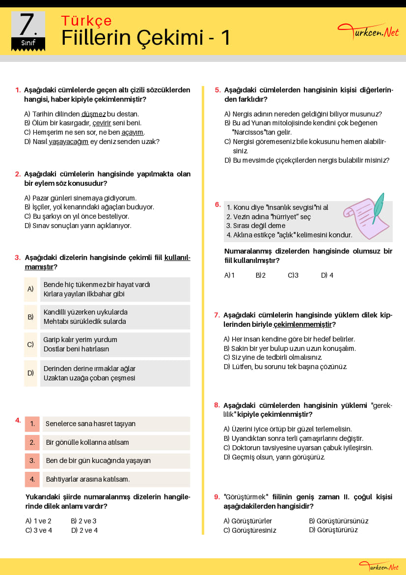 -7. Sinif Fiil Cekim Ekleri Testi Turkcen Serisi 1