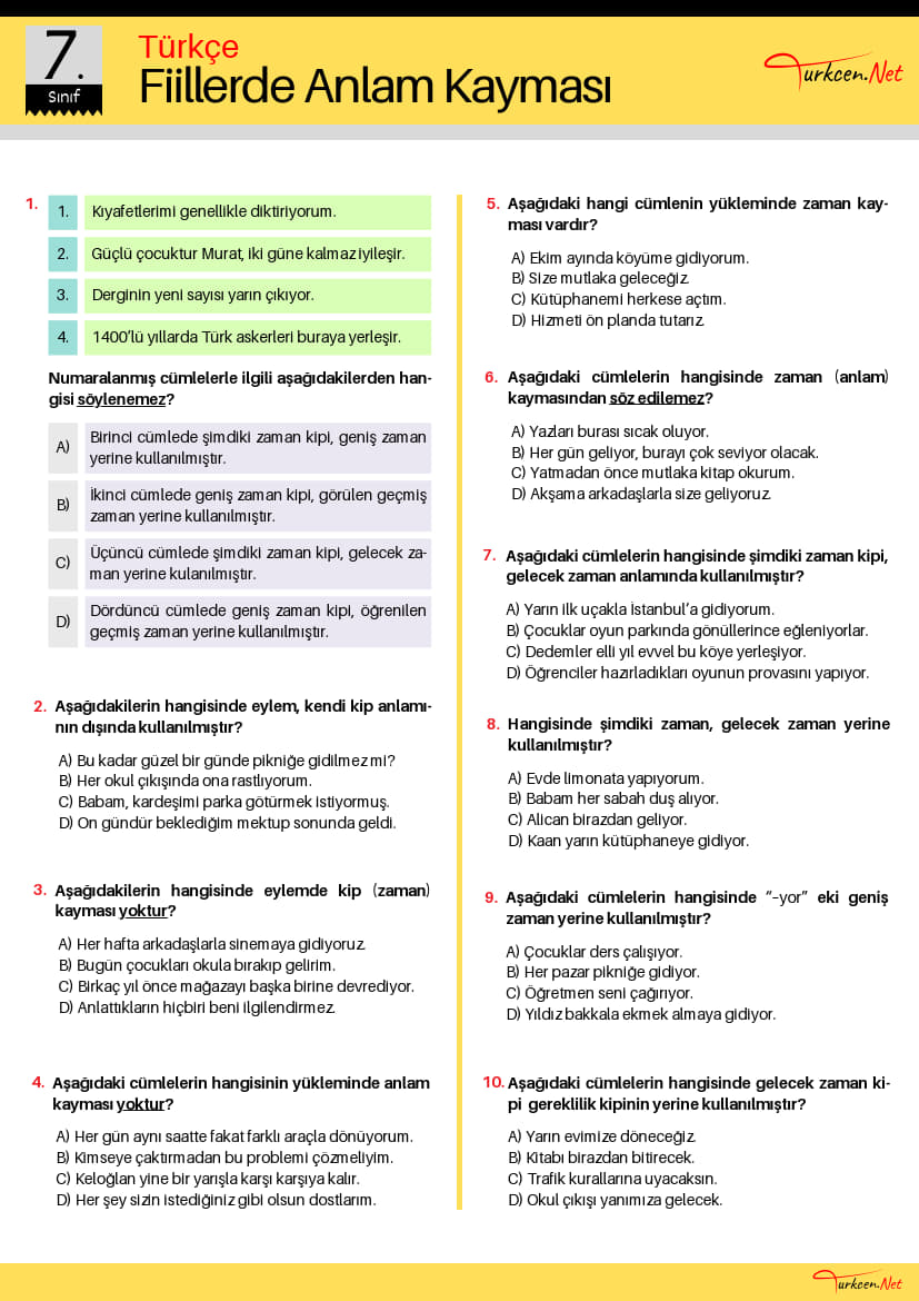 7. Sınıf Fiilde Anlam Kayması Testi (Turkcen Serisi) -7. Sinif Fiilde Anlam Kaymasi Testi Turkcen Serisi 1