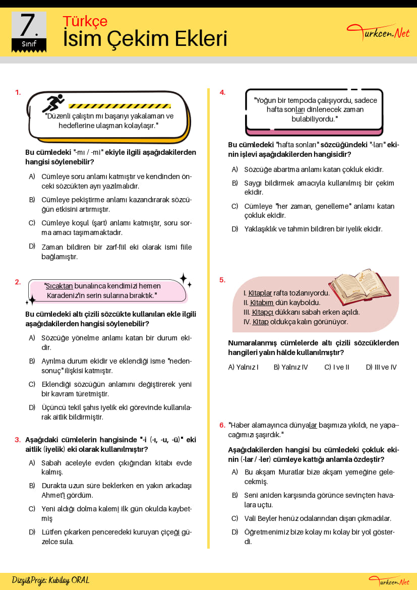 7. Sinif Isim Cekim Ekleri Testi Turkcen Serisi 1