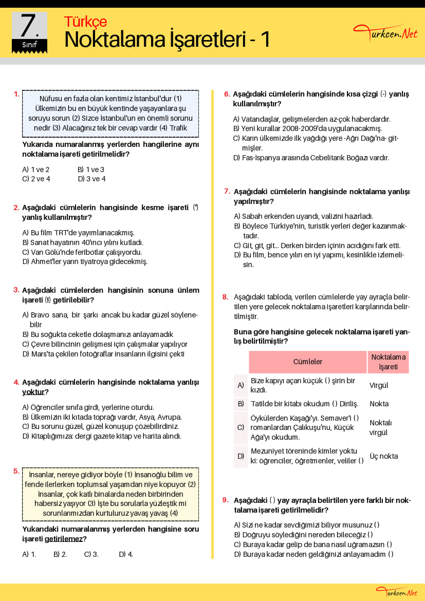 -7. Sinif Noktalama Isaretleri Testi 1 Turkcen Serisi 1