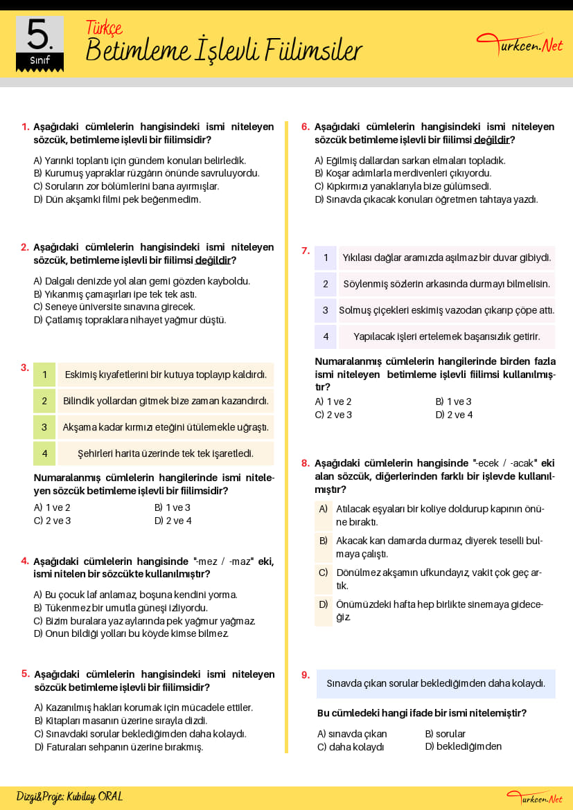 -5. Sinif Betimleme Islevli Fiilimsiler Testi Turkcen Serisi 1
