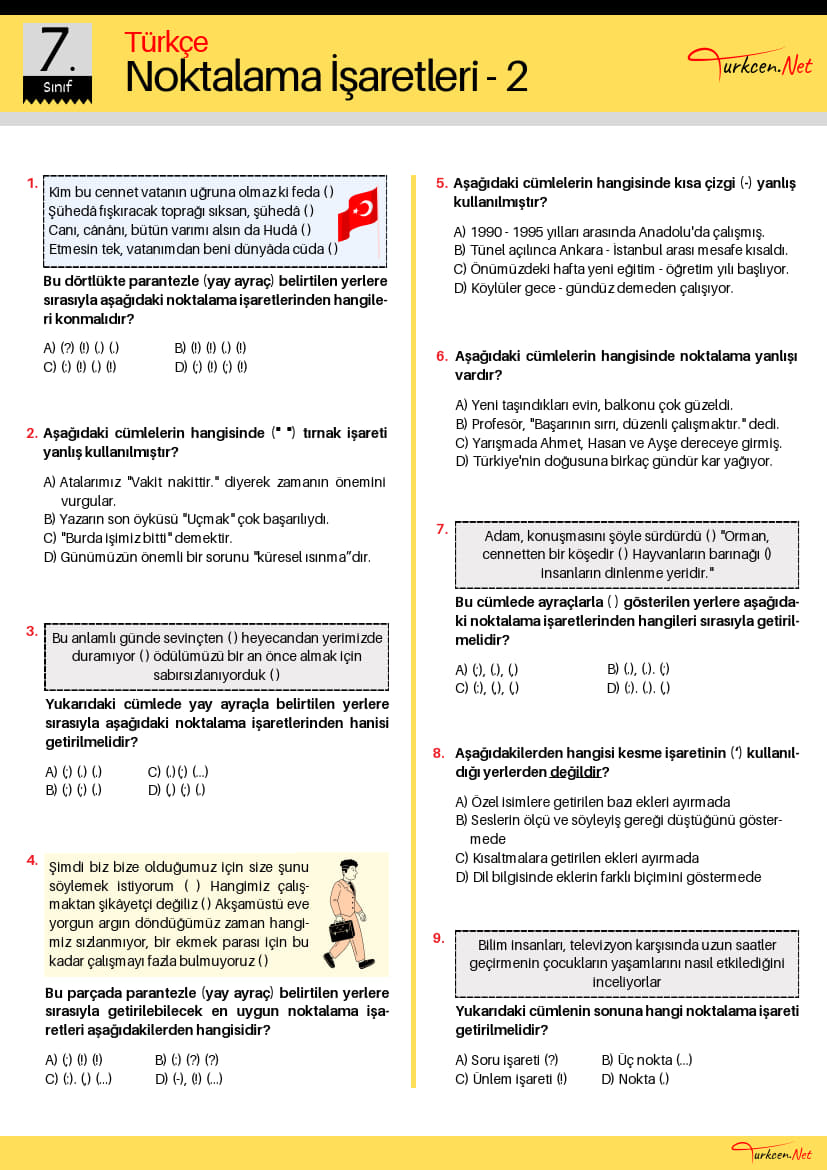 -7. Sinif Noktalama Isaretleri Testi 2 Turkcen Serisi 1