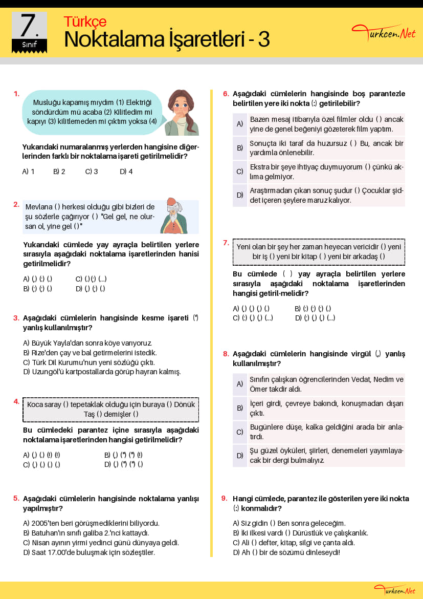 -7. Sinif Noktalama Isaretleri Testi 3 Turkcen Serisi 1
