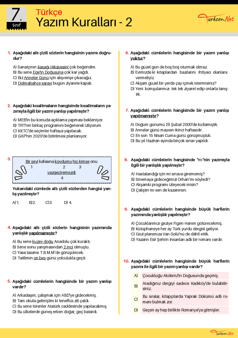 -7. Sinif Yazim Kurallari Testi 2 Turkcen Serisi 1