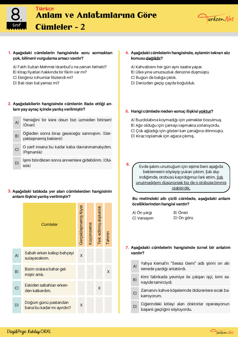 8. Sınıf Anlam ve Anlatımlarına Göre Cümleler Testi-2 (Turkcen Serisi)_1 8. Sınıf Anlam ve Anlatımlarına Göre Cümleler Testi-2 (Turkcen Serisi)_1