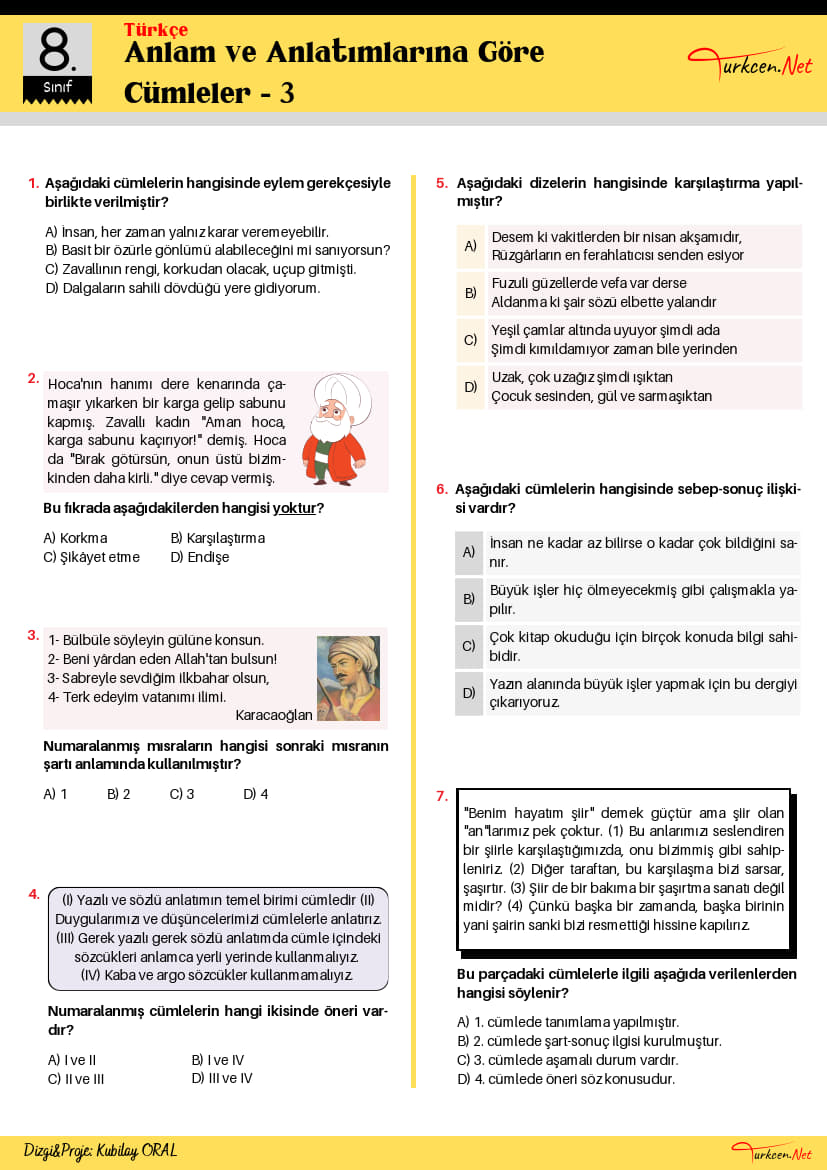 8. Sınıf Anlam ve Anlatımlarına Göre Cümleler Testi-3 (Turkcen Serisi)_1 8. Sınıf Anlam ve Anlatımlarına Göre Cümleler Testi-3 (Turkcen Serisi)_1
