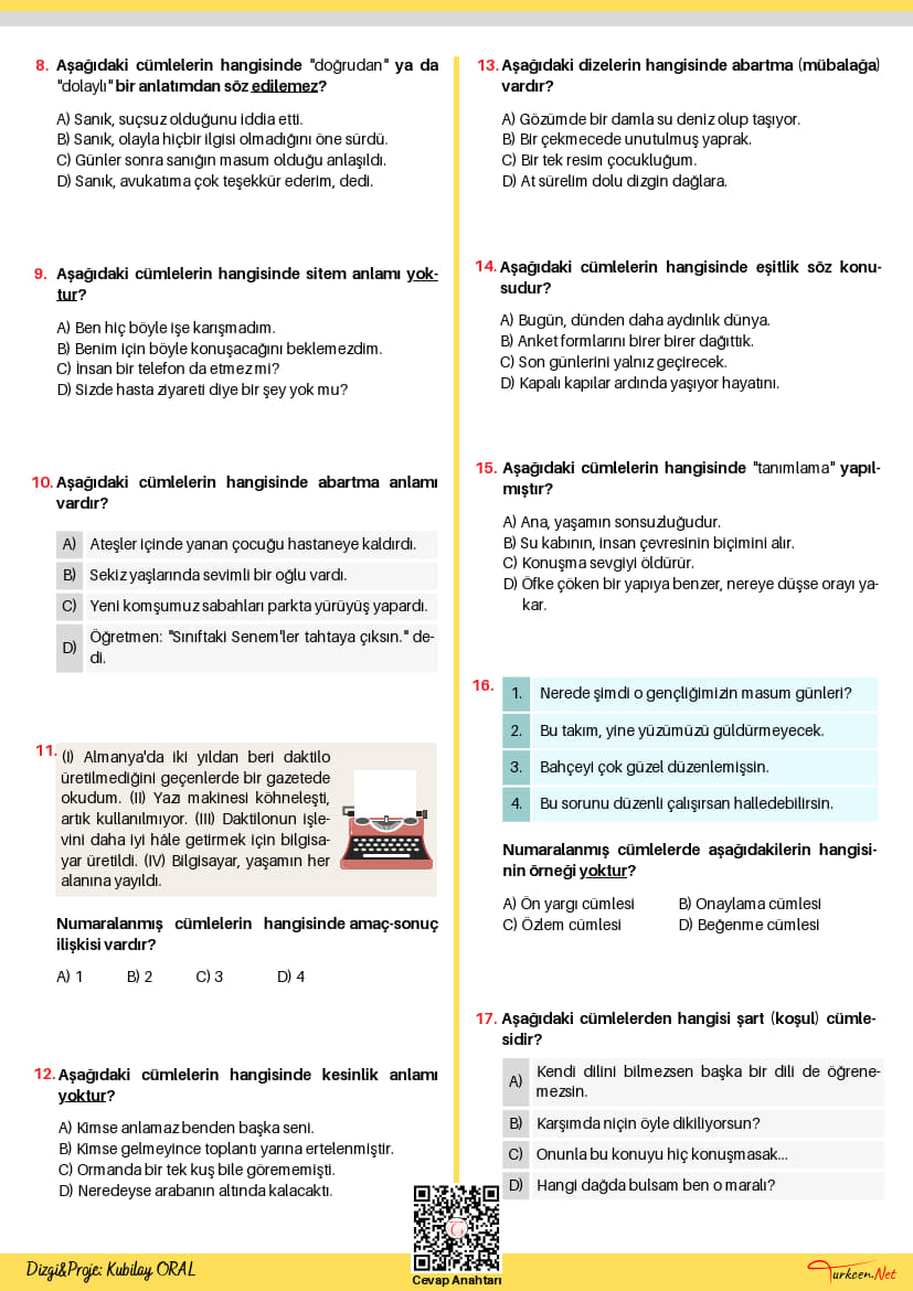 8. Sınıf Anlam ve Anlatımlarına Göre Cümleler Testi-3 (Turkcen Serisi)_2 8. Sınıf Anlam ve Anlatımlarına Göre Cümleler Testi-3 (Turkcen Serisi)_2