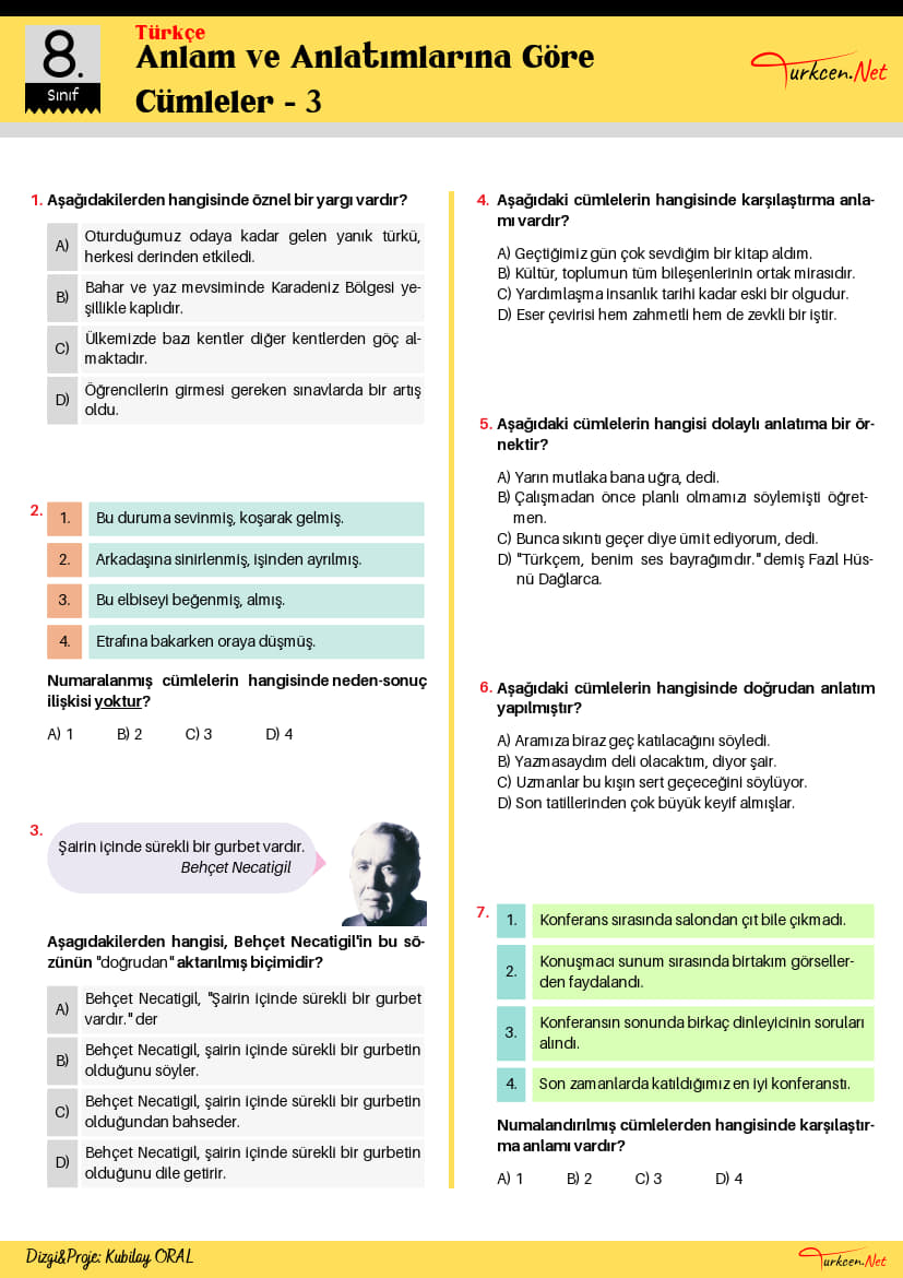 8. Sınıf Anlam ve Anlatımlarına Göre Cümleler Testi-4 (Turkcen Serisi)_1 8. Sınıf Anlam ve Anlatımlarına Göre Cümleler Testi-4 (Turkcen Serisi)_1