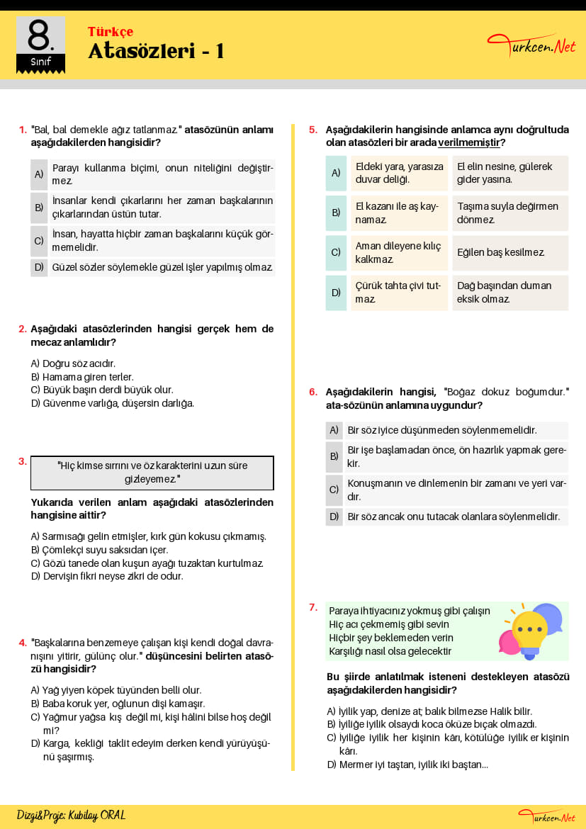 8. Sınıf Atasözleri Testi - 1 (Turkcen Serisi)_1 8. Sınıf Atasözleri Testi - 1 (Turkcen Serisi)_1