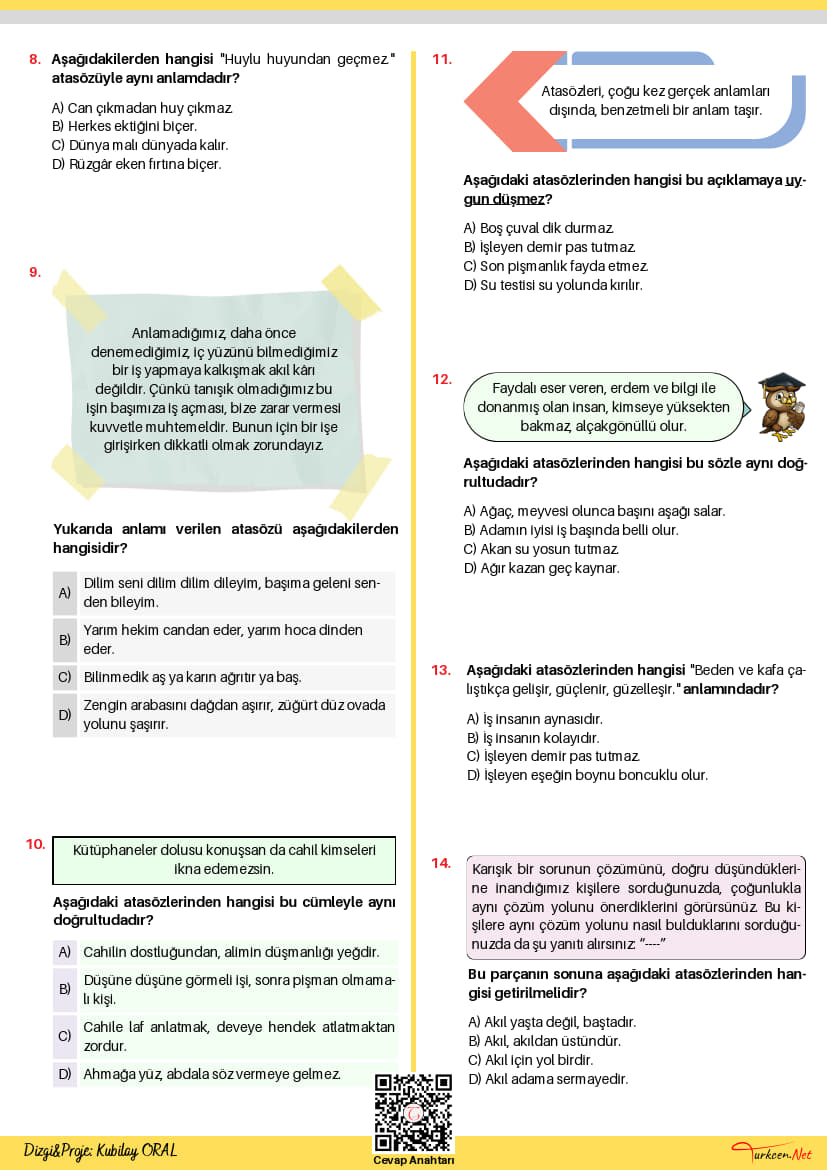 8. Sınıf Atasözleri Testi - 1 (Turkcen Serisi)_2 8. Sınıf Atasözleri Testi - 1 (Turkcen Serisi)_2