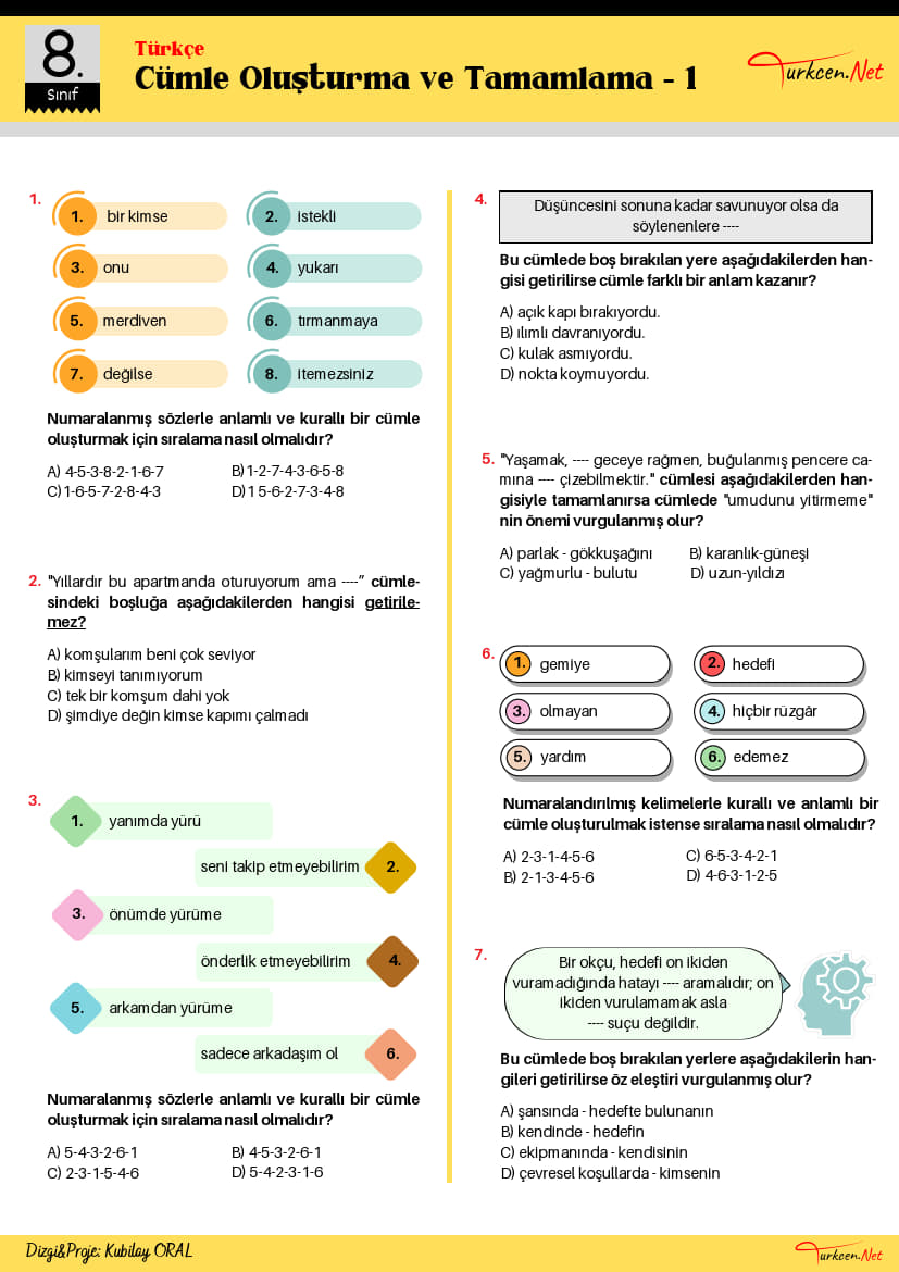 8. Sınıf Cümle Oluşturma ve Tamamlama Testi - 1 (Turkcen Serisi)_1 8. Sınıf Cümle Oluşturma ve Tamamlama Testi - 1 (Turkcen Serisi)_1
