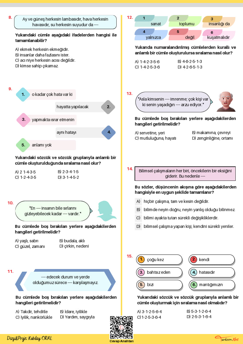 8. Sınıf Cümle Oluşturma ve Tamamlama Testi - 1 (Turkcen Serisi)_2 8. Sınıf Cümle Oluşturma ve Tamamlama Testi - 1 (Turkcen Serisi)_2
