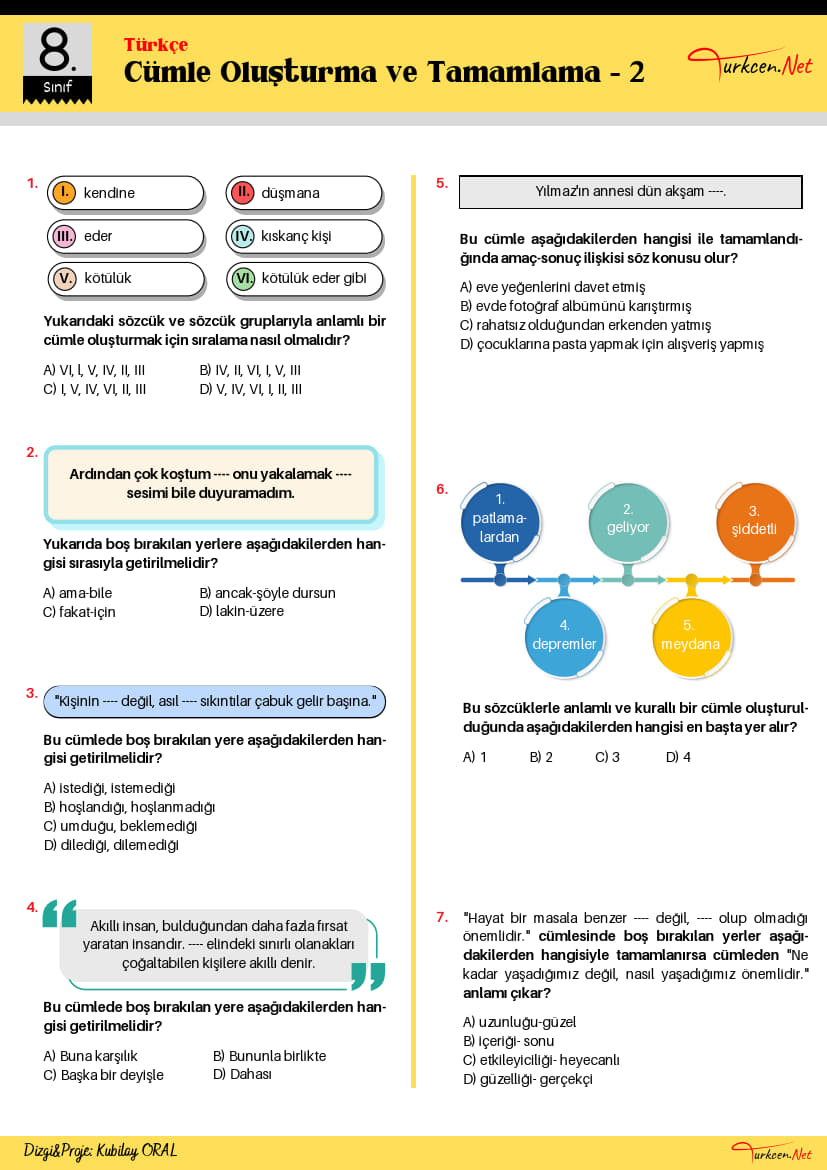 8. Sınıf Cümle Oluşturma ve Tamamlama Testi - 2 (Turkcen Serisi)_1 8. Sınıf Cümle Oluşturma ve Tamamlama Testi - 2 (Turkcen Serisi)_1