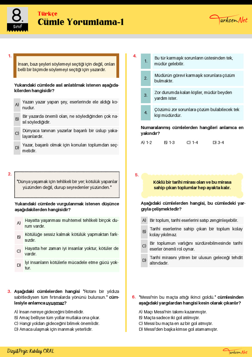 8. Sınıf Cümle Yorumlama Testi - 1 (Turkcen Serisi)_1 8. Sınıf Cümle Yorumlama Testi - 1 (Turkcen Serisi)_1