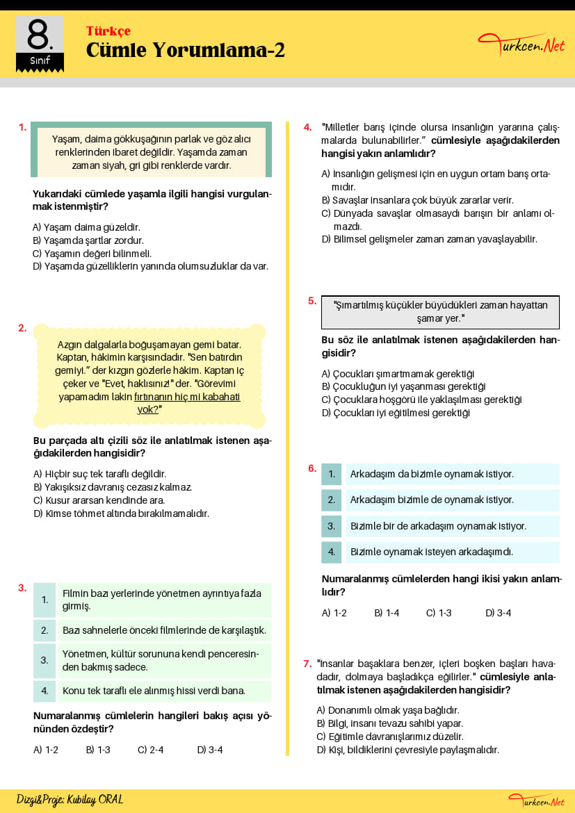 8. Sınıf Cümle Yorumlama Testi - 2 (Turkcen Serisi)_1 8. Sınıf Cümle Yorumlama Testi - 2 (Turkcen Serisi)_1